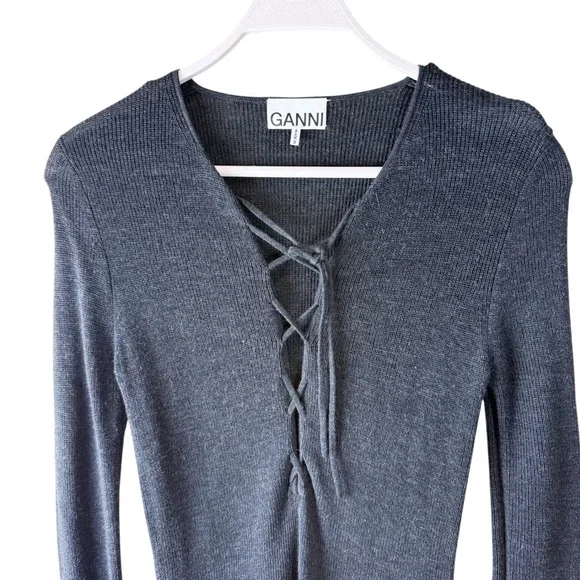 GANNI Black Ribbed Merino Wool Lace Up V Neck Tunic Top Dress Women's Size M - Picture 5 of 13